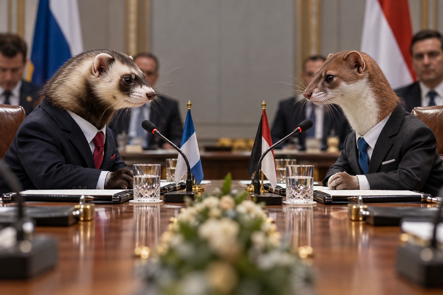 חמוס וסמור בחליפות סביב שולחן משא ומתן