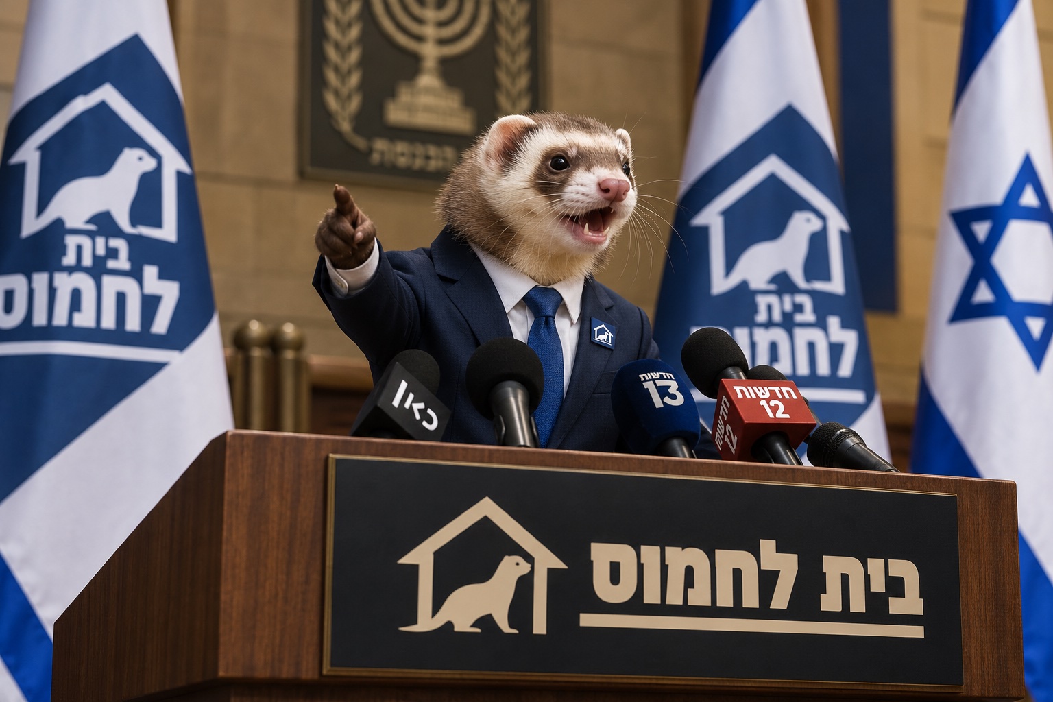 חמוס בחליפה ובעניבה כחולה נואם במסיבת עיתונאים מאחורי דוכן בית לחמוס, לצד מיקרופונים ודגלי ישראל והמפלגה