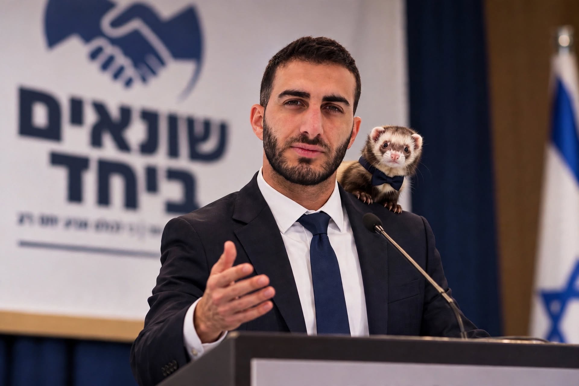 גבר בחליפה ובעניבה כחולה נואם ליד מיקרופון, עם חמוס בעניבת פרפר על כתפו ושלט ״שונאים ביחד״ ברקע